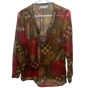 Bamboo Traders Boho Sheer Brown, Red & Yellow Blouse‎ - Size Small